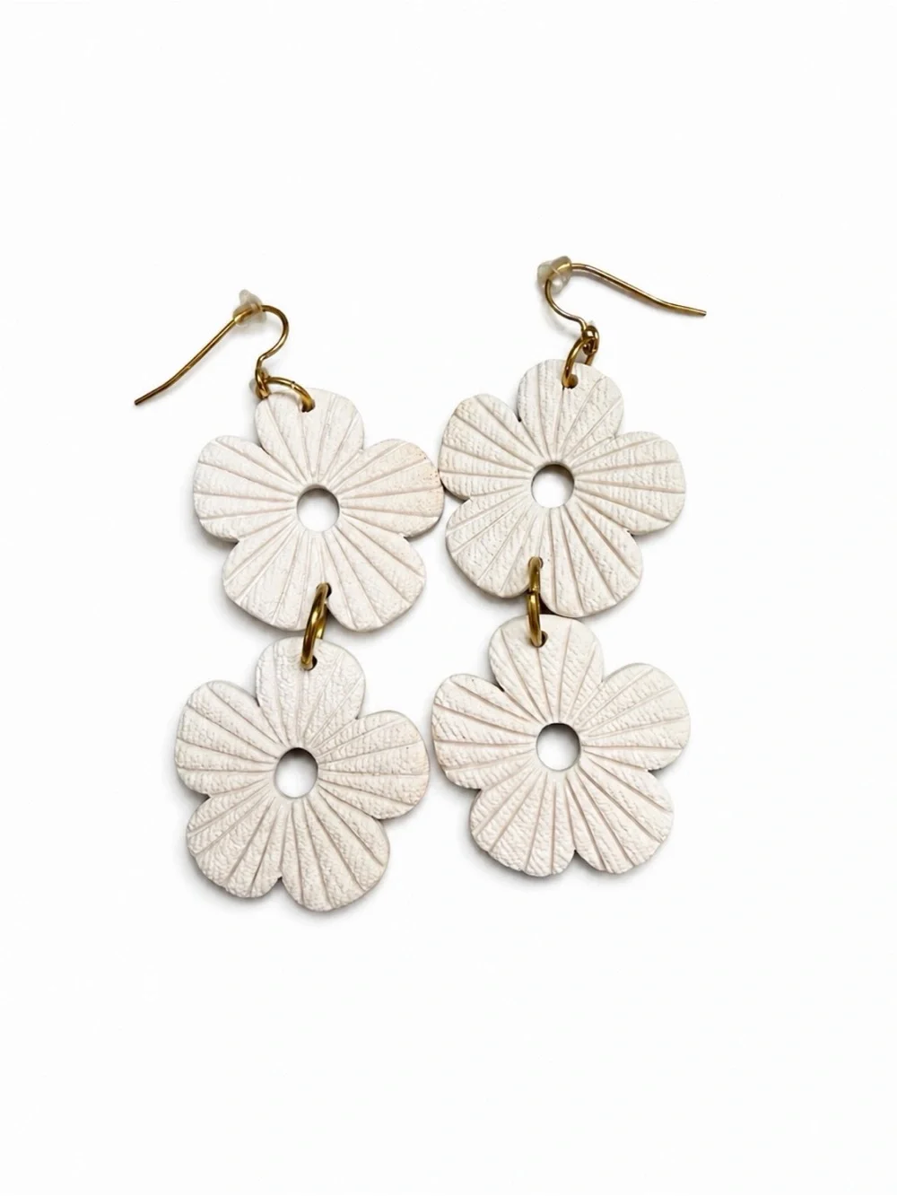 White Double Flower Drop Earrings Gold Tone